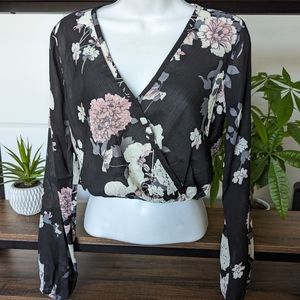Long Sleeve Sheer Floral Blouse in Black